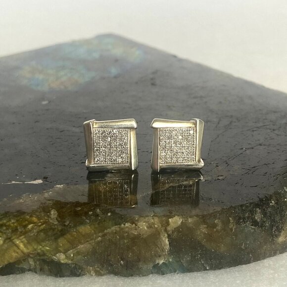 Sterling Silver 925 JTW Multistone Pave Round Diamond Square Stud Post Earrings - Picture 13 of 16